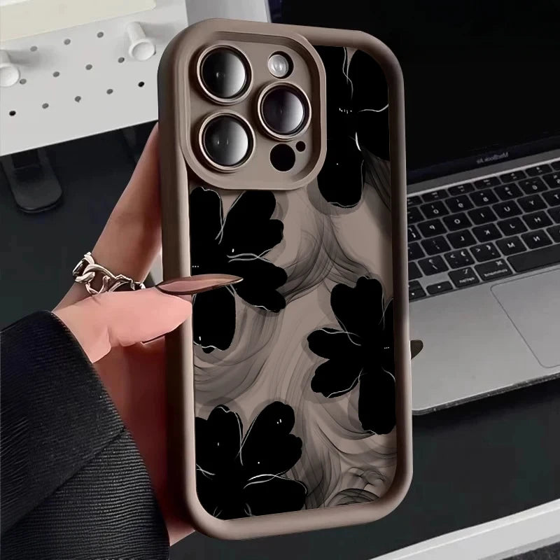 Black Rose Floral Painted Silicone Phone Case