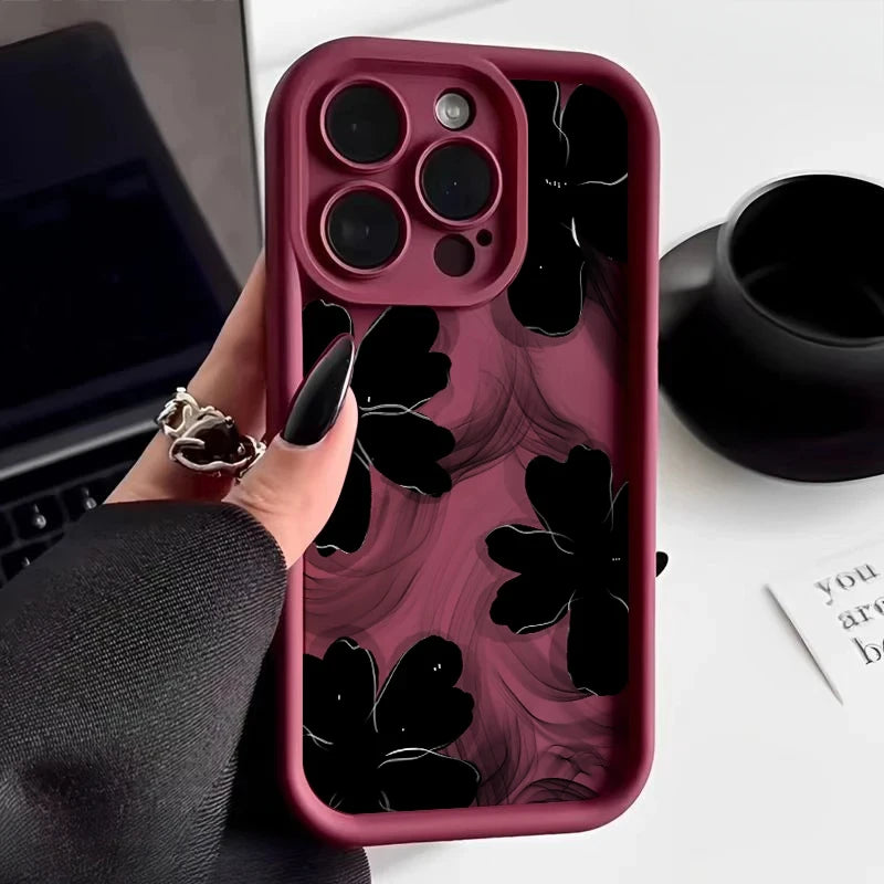 Black Rose Floral Painted Silicone Phone Case
