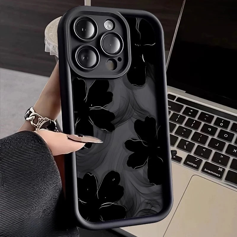 Black Rose Floral Painted Silicone Phone Case