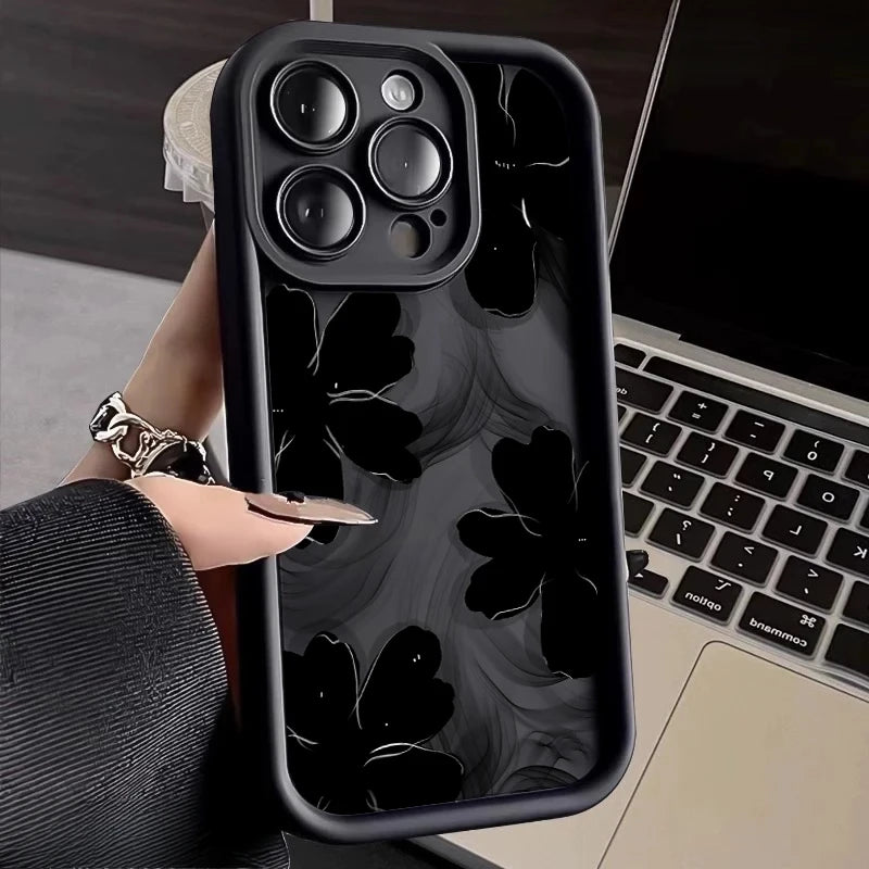 Black Rose Floral Painted Silicone Phone Case